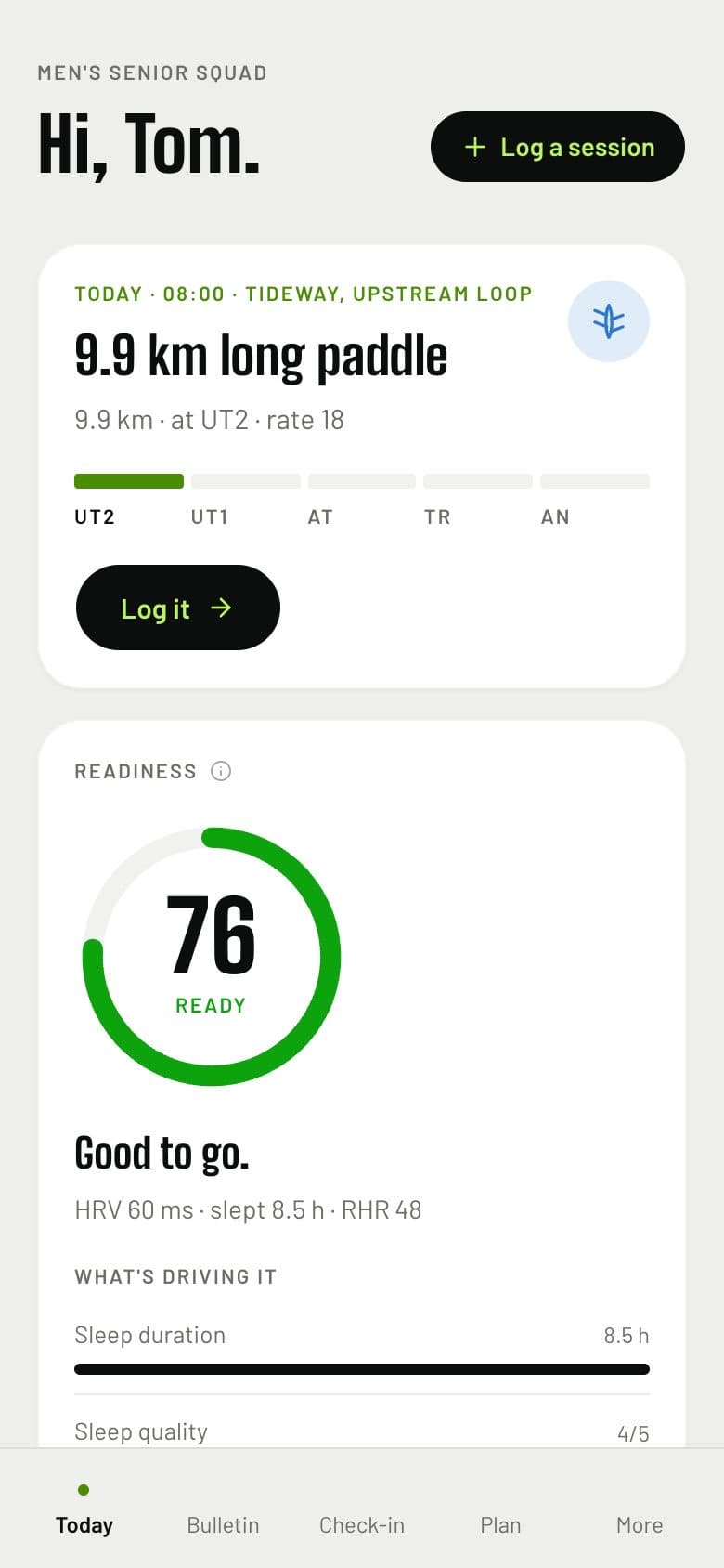 An athlete's Today screen: the morning's session and a readiness score of 76, ready