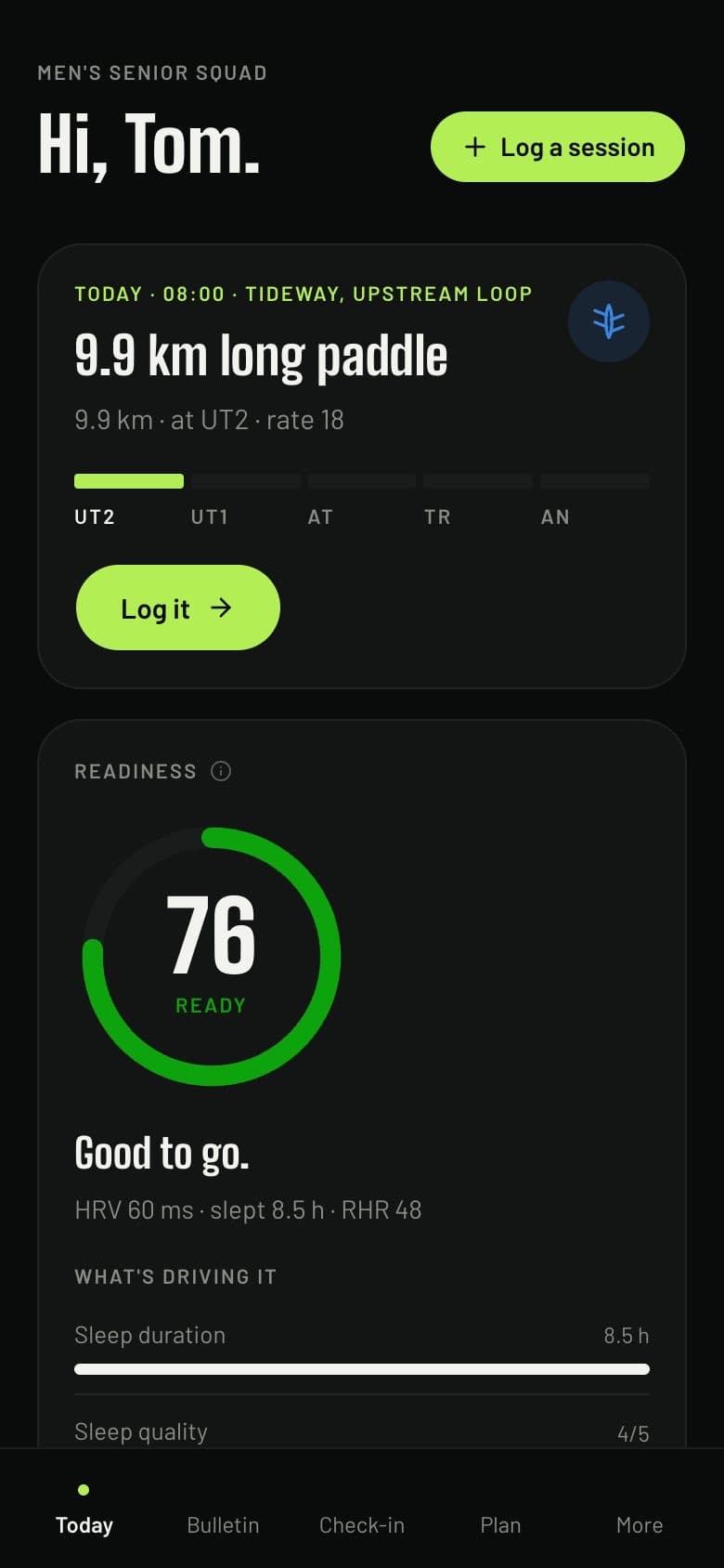 An athlete's Today screen: the morning's session and a readiness score of 76, ready