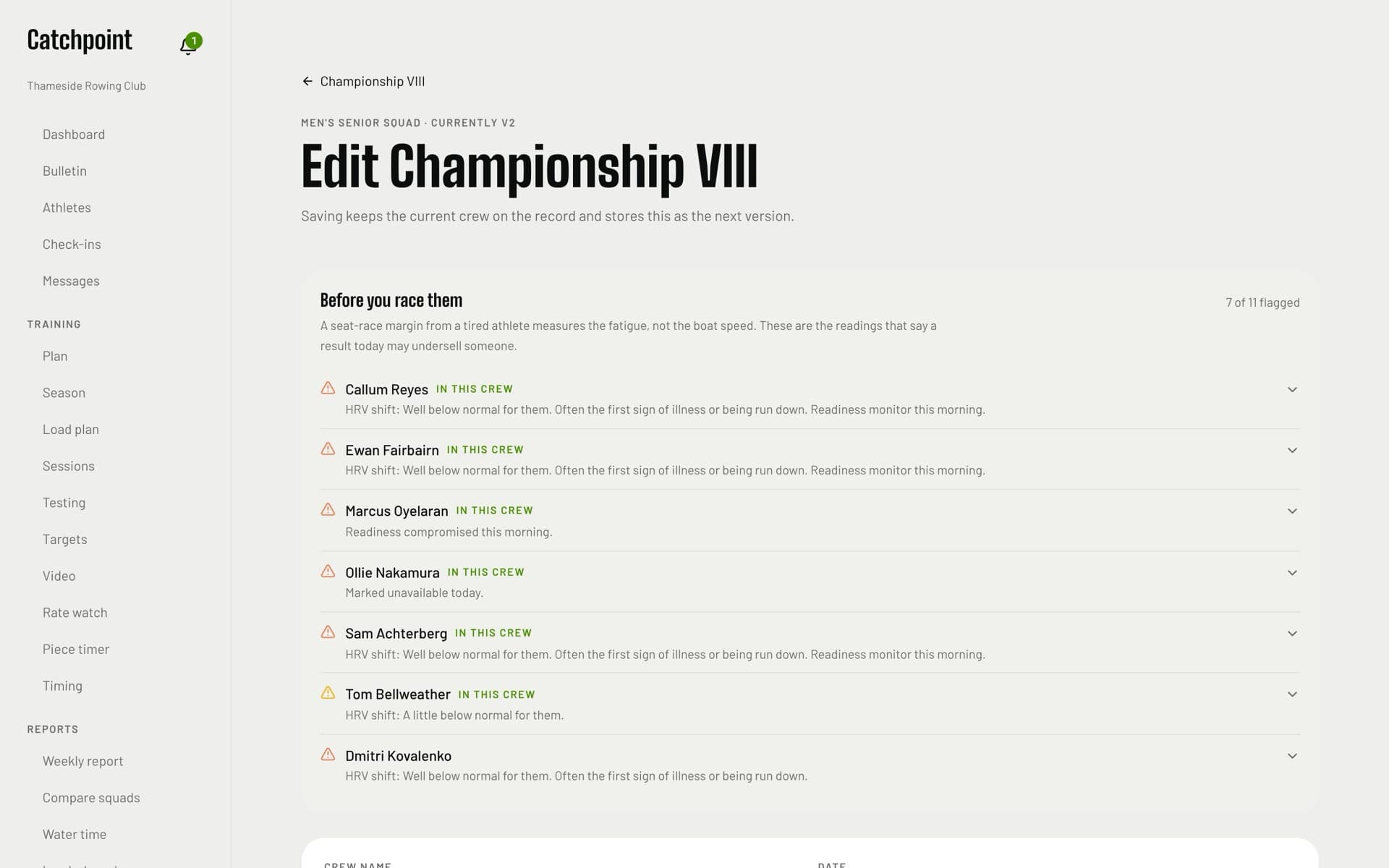 The lineup builder, where a coach seats a crew