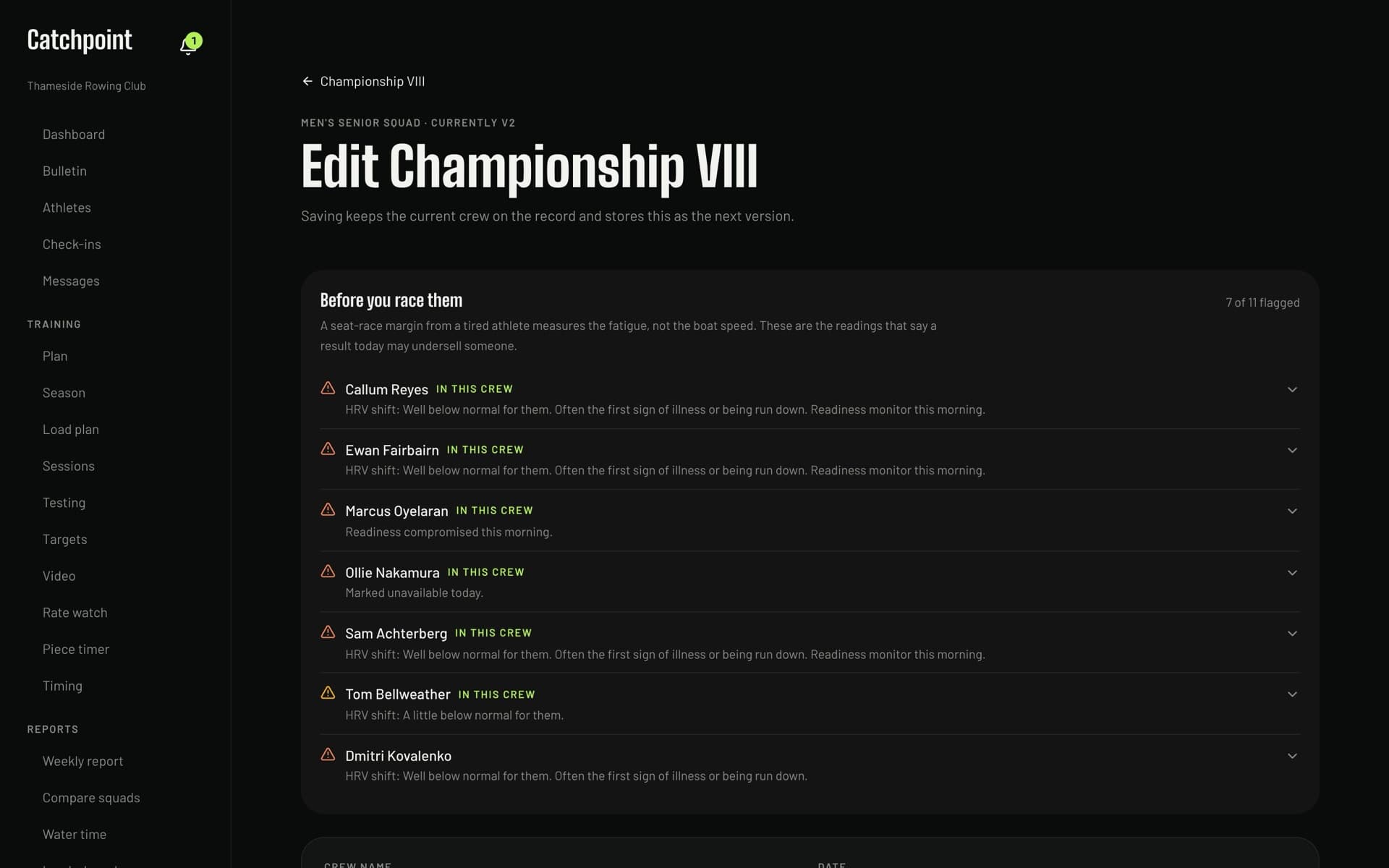 The lineup builder, where a coach seats a crew