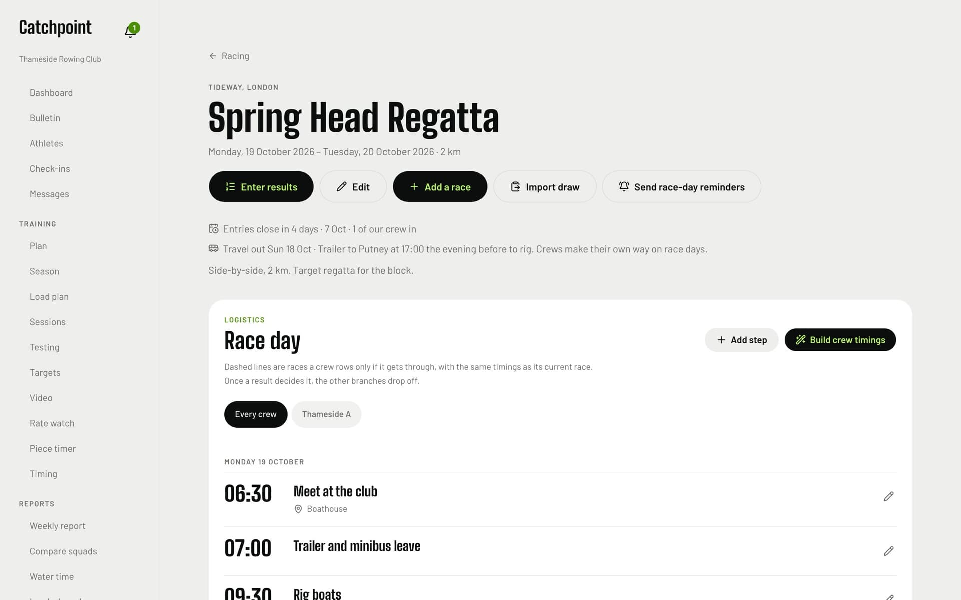 A regatta page with the race-day plan: meet at the club, trailer leaves, rig boats