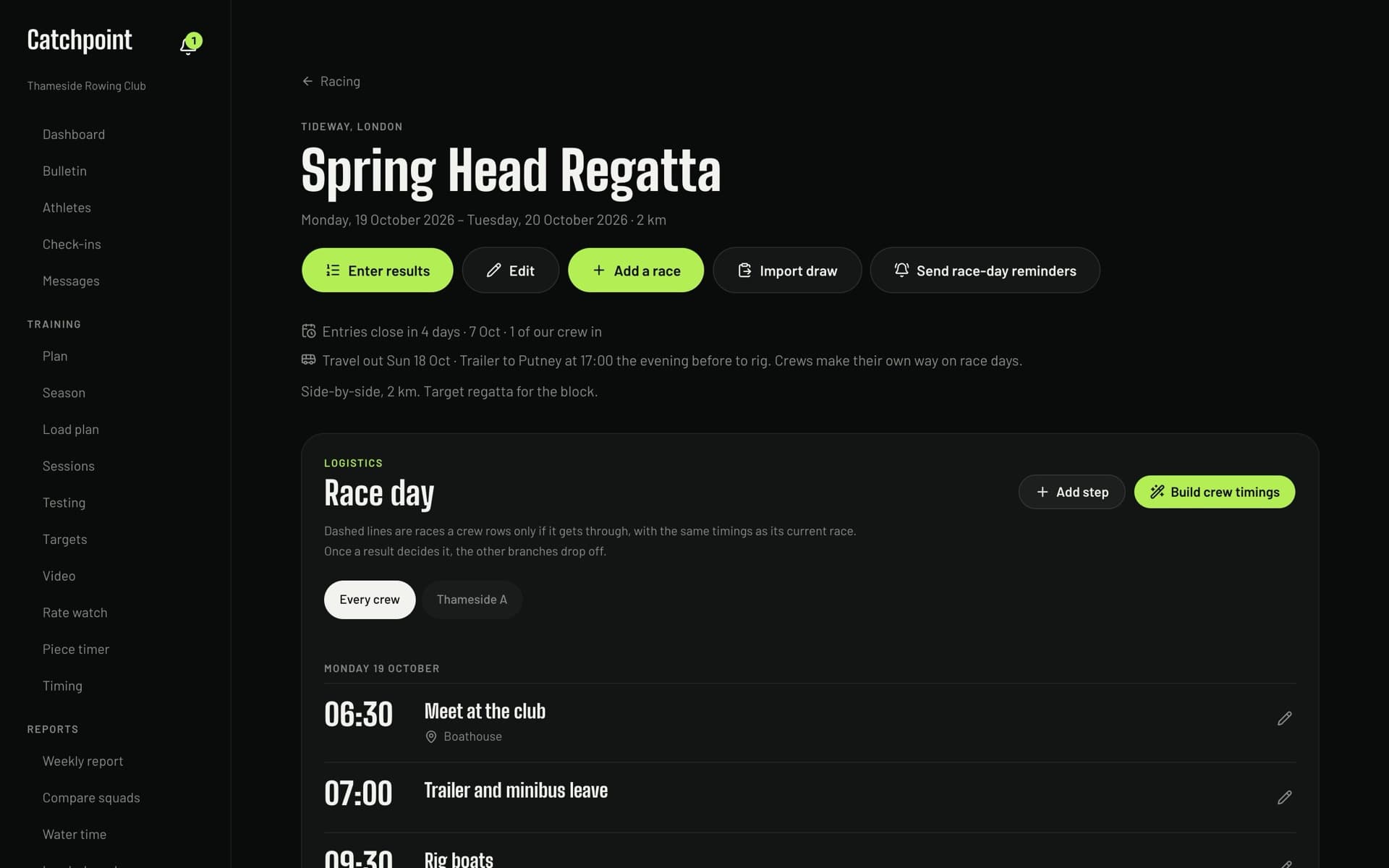 A regatta page with the race-day plan: meet at the club, trailer leaves, rig boats